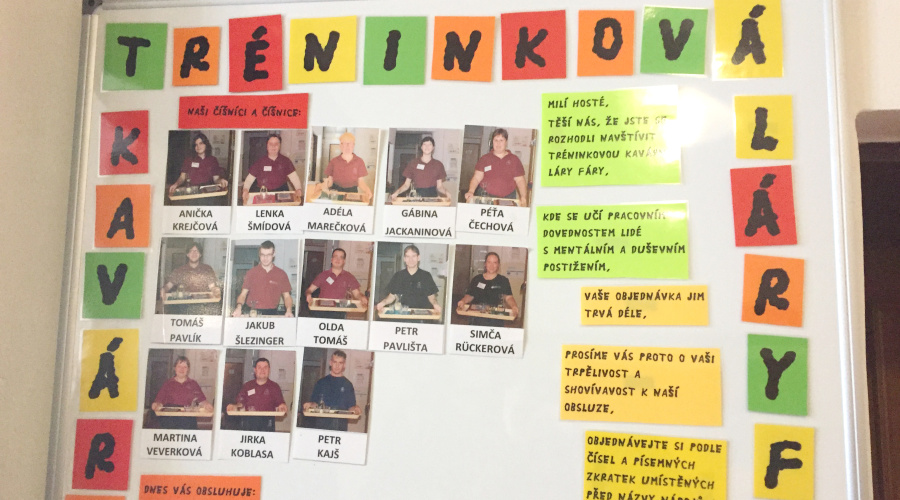 Informační tabule o zaměstnancích kavárny vítá u vstupu.  | foto ISP21